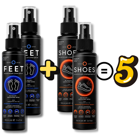 Набір спреїв для ніг та взуття від неприємного запаху ODOR LOCK FEET+SHOES 4x100 мл та подарунок  &mdash; спрей Odor Lock проти неприємного запаху