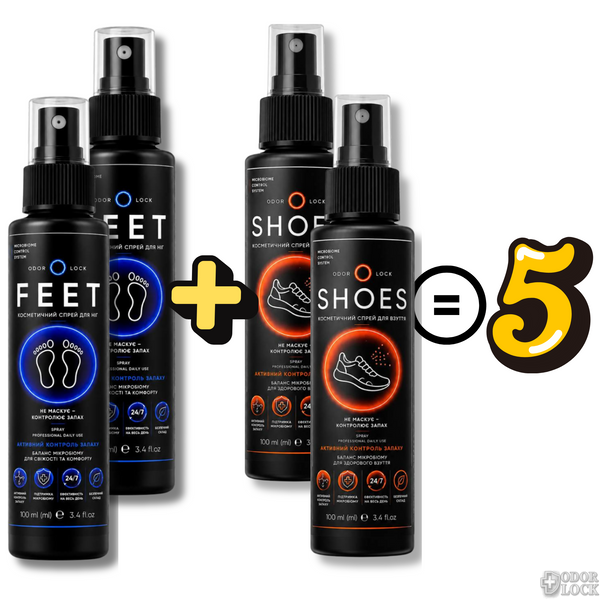 Набір спреїв для ніг та взуття від неприємного запаху ODOR LOCK FEET+SHOES 4x100 мл та подарунок  &mdash; спрей Odor Lock проти неприємного запаху